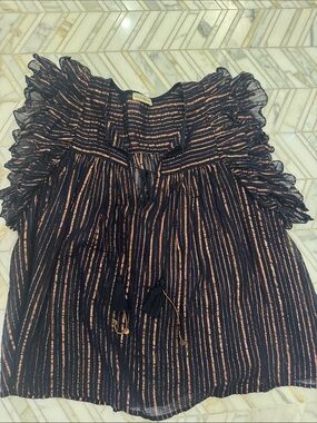Ulla Johnson Black Blouse with Copper Stripes and Ruffle Sleeves